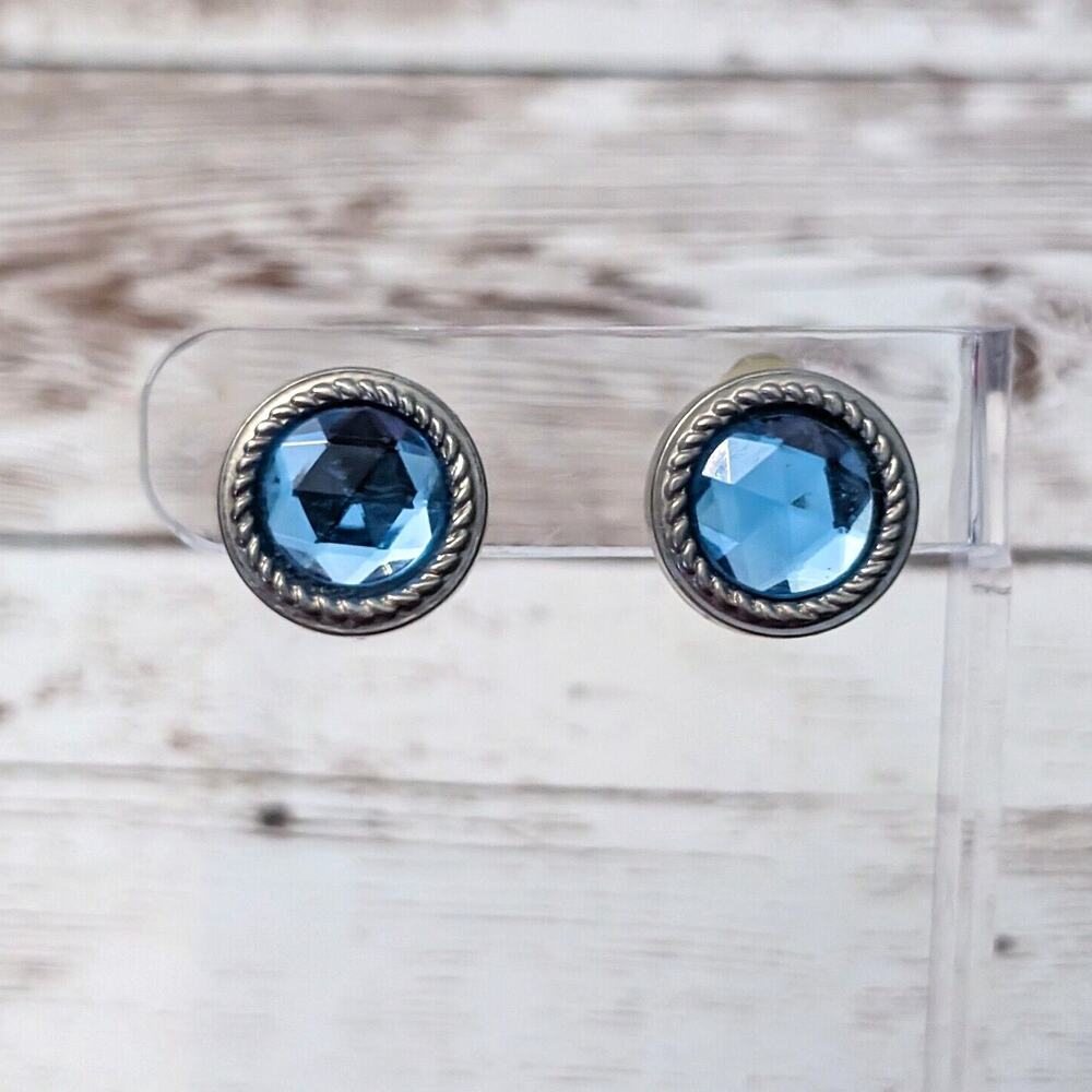 Vintage Clip On Earrings - Blue Faceted with Halo - Just Over 5/8"